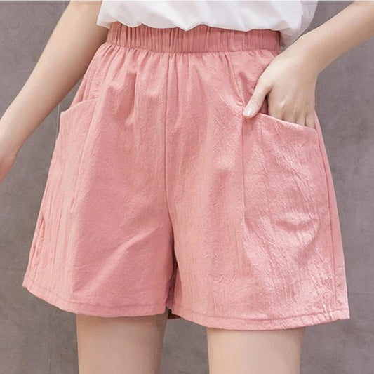 Plain Elastic Waistband Casual Shorts with Pocket Summer Loose Comfy A-line Mid Pants Ladies