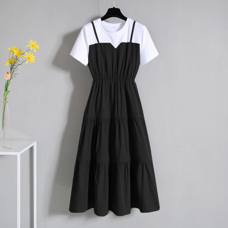 Plus Size Dress Women Summer A-line Long Dress Short-sleeve Pleated Dress