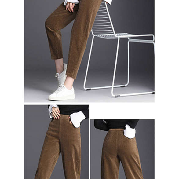 Women Fashion Winter Thicken Plush Corduroy Casual Pants Warm High Waist Trousers
