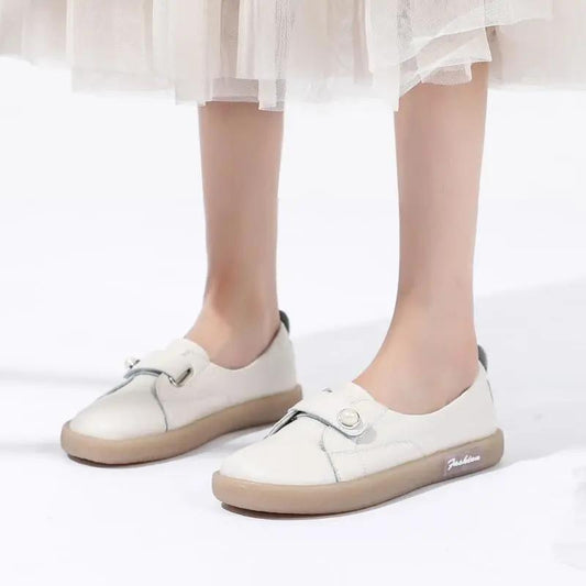 Women's Soft Leather Shallow Mouth White Shoes Spring All-match Soft Bottom Slip-on Lady's Shoes Flat Shoes Casual Mother Shoes