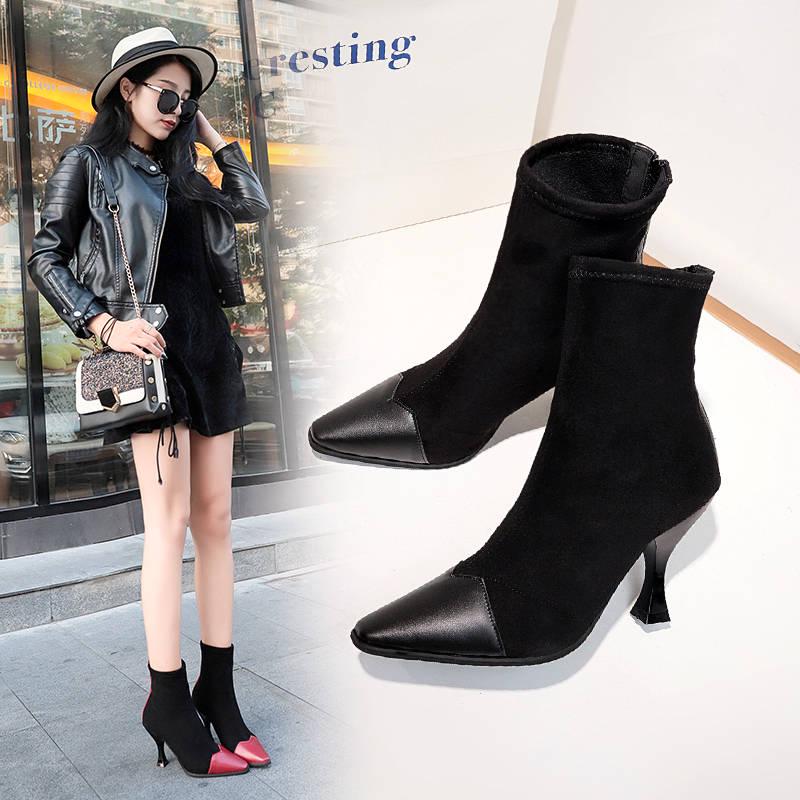 Fashion Shoes Women Boots Stretch Ankle Boots Pointed Toe Lycra Women Heel Booties Women Shoes