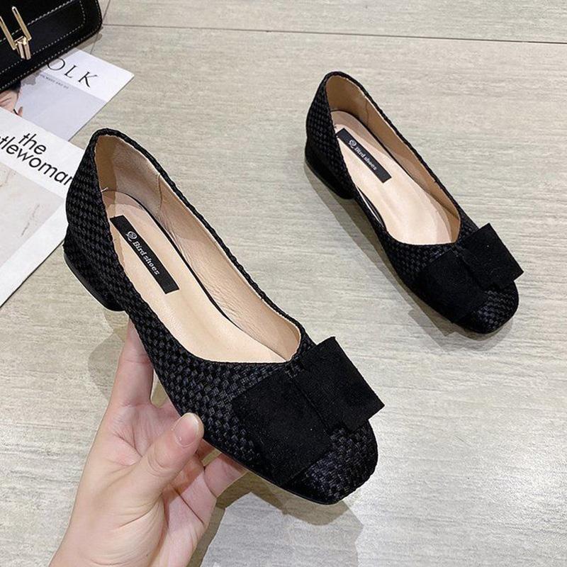 Bowknot Soft Sole Thick Heel Shoes Women Spring Korean Style Square Toe Woven Low-heeled Women's Shoes
