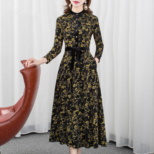 Floral Dress Elegant Ladies Long Sleeves Big Swing Plus Size Dresses High Quality Vintage Casual