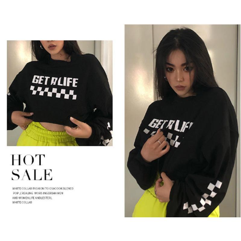 Solid Color Cotton Plaid Print Short Sports Sweater Women's High Waist Casual Fashion Top