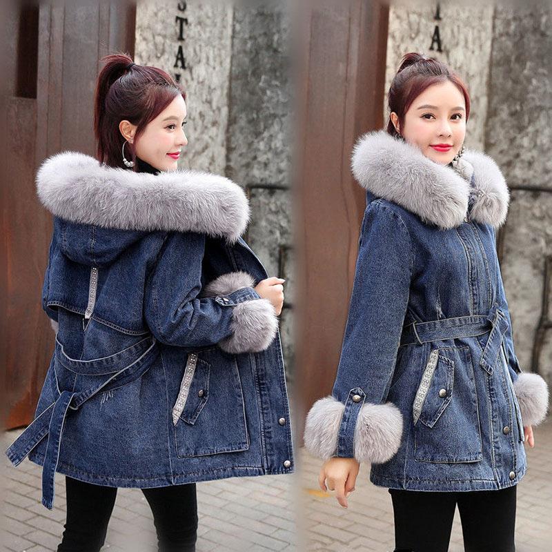 Winter Plus Velvet Thick Denim Jacket Women Loose Snow Rabbit Fur Mid-length Denim Cotton Jacket Casual Plus Size Women's Jacket