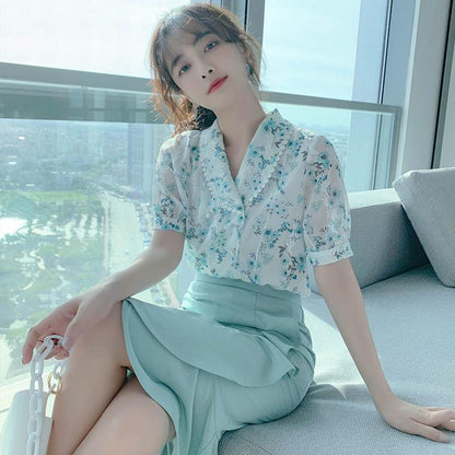 Chiffon Shirt Floral Short-sleeved Suit Female Sweet Temperament Thin Fishtail Skirt Two-piece Retro Style Skirt Chiffon Fishtail Skirt