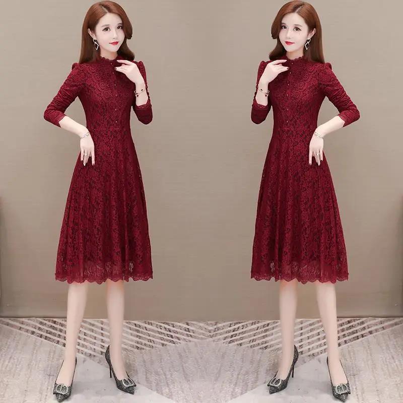 Lace Dress Autumn and Winter Temperament Long-sleeved Bottoming Skirt Waist Slim A-line Mid-length Ladies Dress