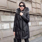 Women's PU Leather Jacket Mid-length Windproof Thick Warm Plus Size Hooded Parka Coat with Detachable Fur Collar Female Overcoat