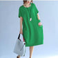 Lotus Pattern Summer Short Sleeved Mid-calf Length Large Size Loose Casual Solid Color Dress M-XXXL Size