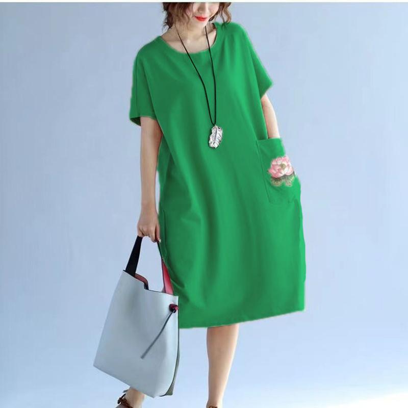 Lotus Pattern Summer Short Sleeved Mid-calf Length Large Size Loose Casual Solid Color Dress M-XXXL Size