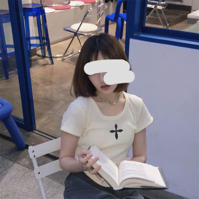 Waffle T-shirt Women's Short Sleeve Off Shoulder Top Irregular Curved Hem U Neck Retro Top