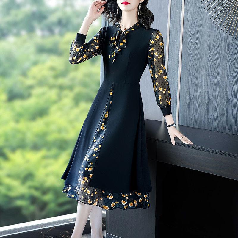 Large Size Women's Chiffon Stitching Fake Two-piece Dress Loose Casual Elegant Long Skirt Black Floral