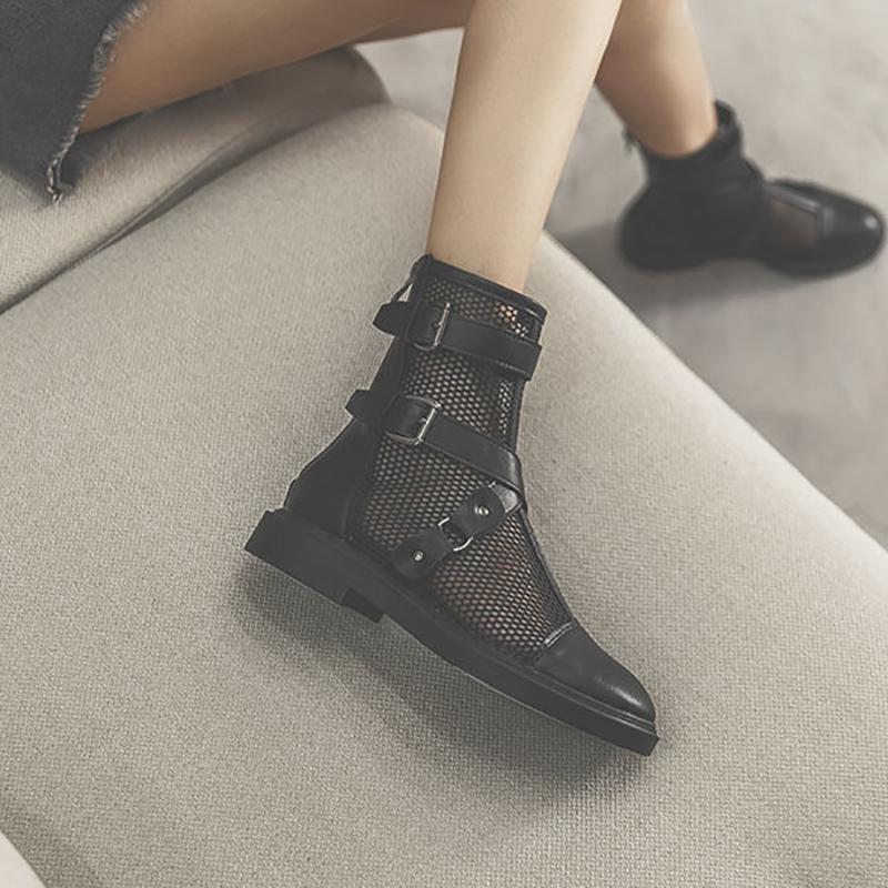 Women's Soft Leather and Mesh Martin Boots Summer Sandals All-match Back Zipper Flat Ankle Boots