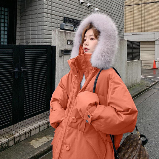 White Duck Down Large Fur Collar Down Jacket Women Mid-length Loose Thick Winter Jacket