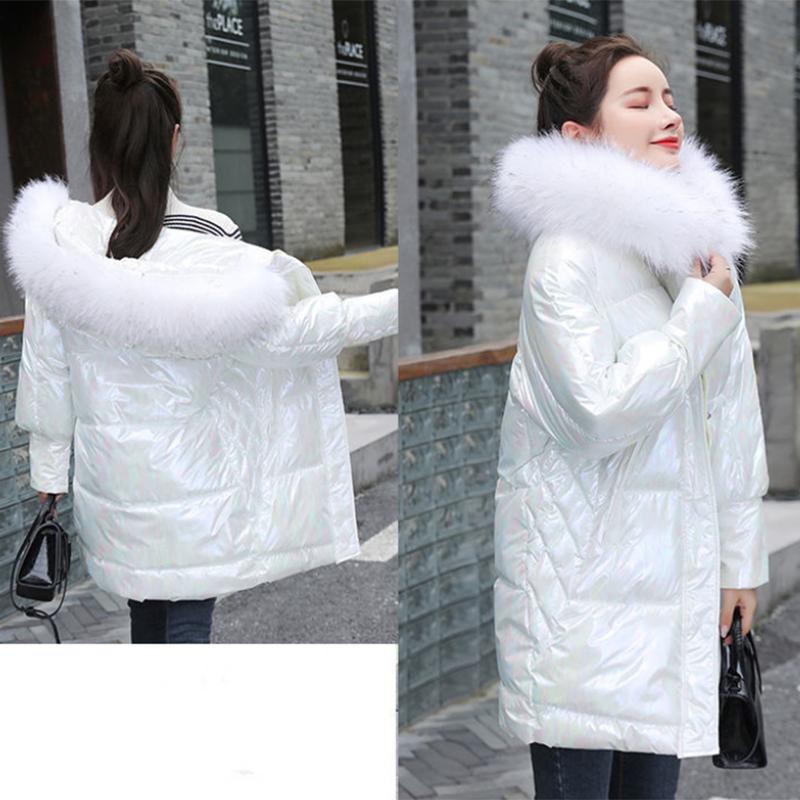 Women's Bright Face Hooded Down Jacket Mid-length Korean Loose Thick Coat Warm Cotton Coat Large Wool Collar Winter Quilted Coat