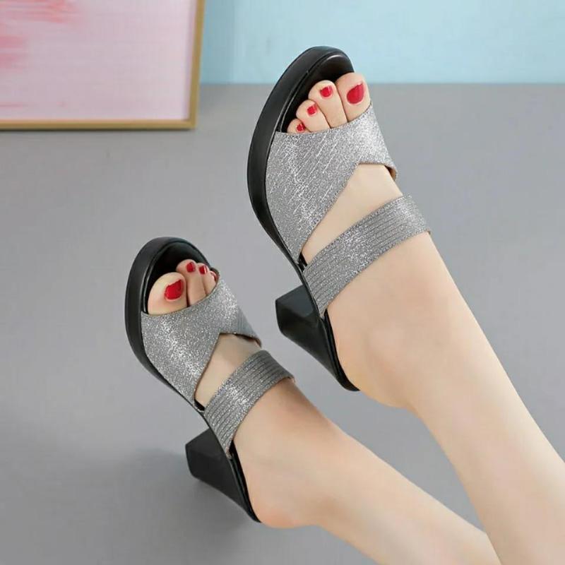 Women's Summer Fashion Increased Slope Fish Mouth Sandals All-match Casual Shiny Sandals and Slippers