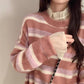 Pofulove Women's long sleeve sweater women Mori Sweet and Cute Stripe Korean Simple Loose