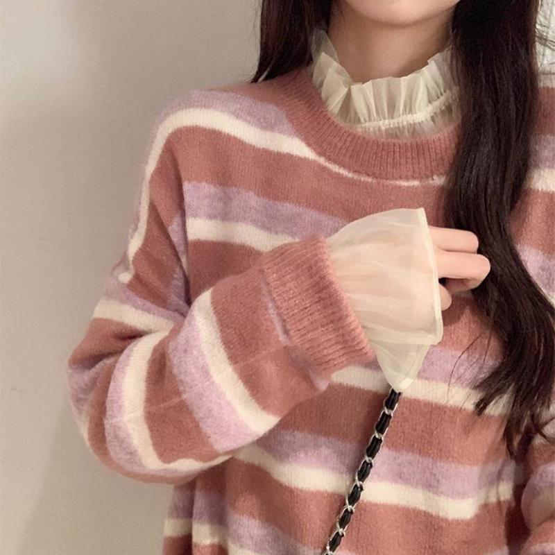 Pofulove Cute sweet sweater women Simple Loose Women's long sleeve sweater women Elegant and sweet