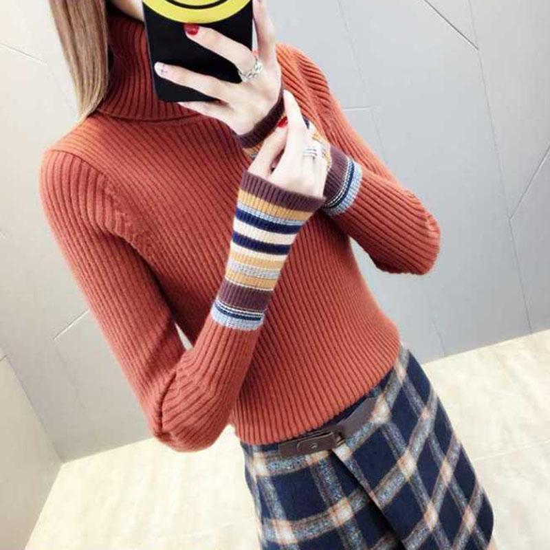 Pofulove  Women Striped Turtleneck Sweater Autumn Winter Long Sleeve Slim Knitted Pullover Sweater