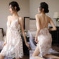Women's Embroidered Pajamas Dresses Two-piece Summer French Style Sexy Lace Hollow Suspender Nightdress Slit Show Back Sexy Homewear