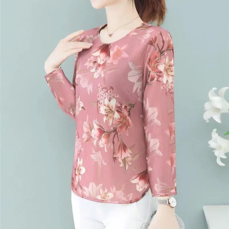 Spring and Autumn Women's Floral Loose Top Bottoming Shirt Mother Round Neck Long-sleeved T-shirt  Women