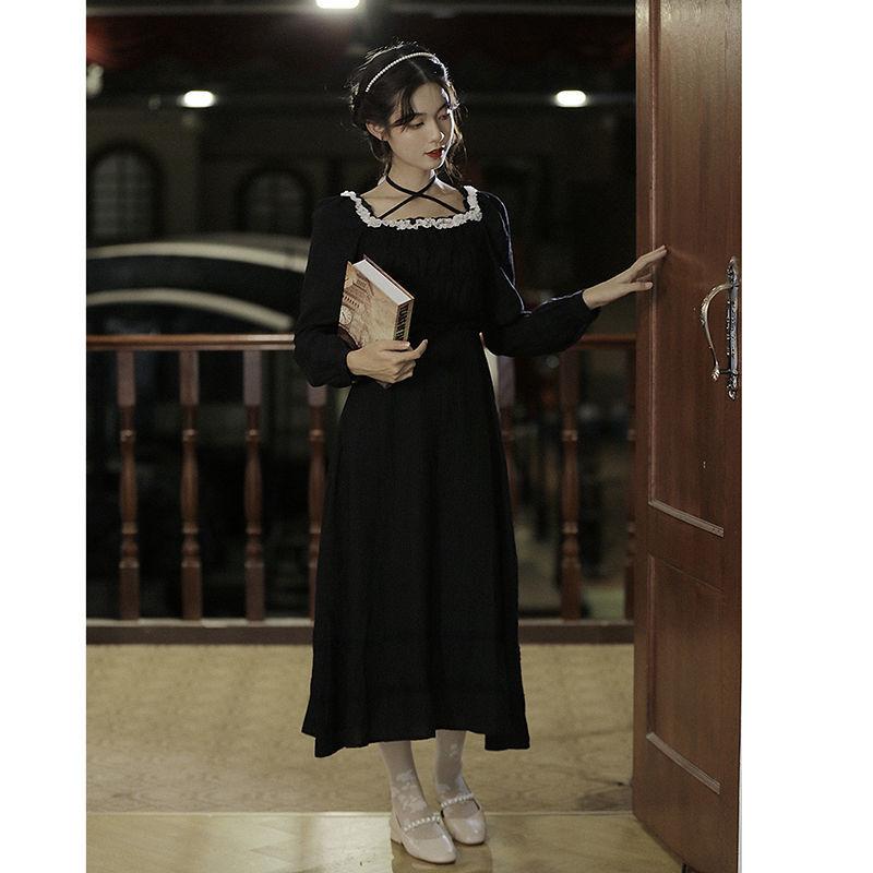 Fairy Party Dress Spring French Retro Small Black Dress Square Collar Lace Long Sleeve Elegant Female Dress