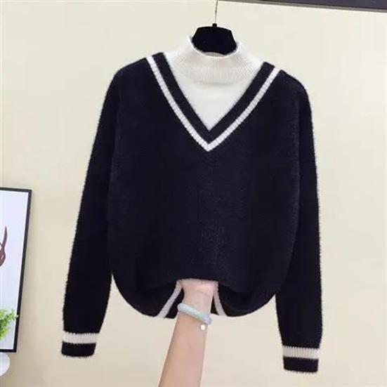 Women's Autumn and Winter Sweater Large Size Pullover Preppy Style Loose Half-high Collar Bottomed Sweater