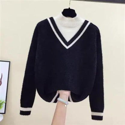 Women's Autumn and Winter Sweater Large Size Pullover Preppy Style Loose Half-high Collar Bottomed Sweater