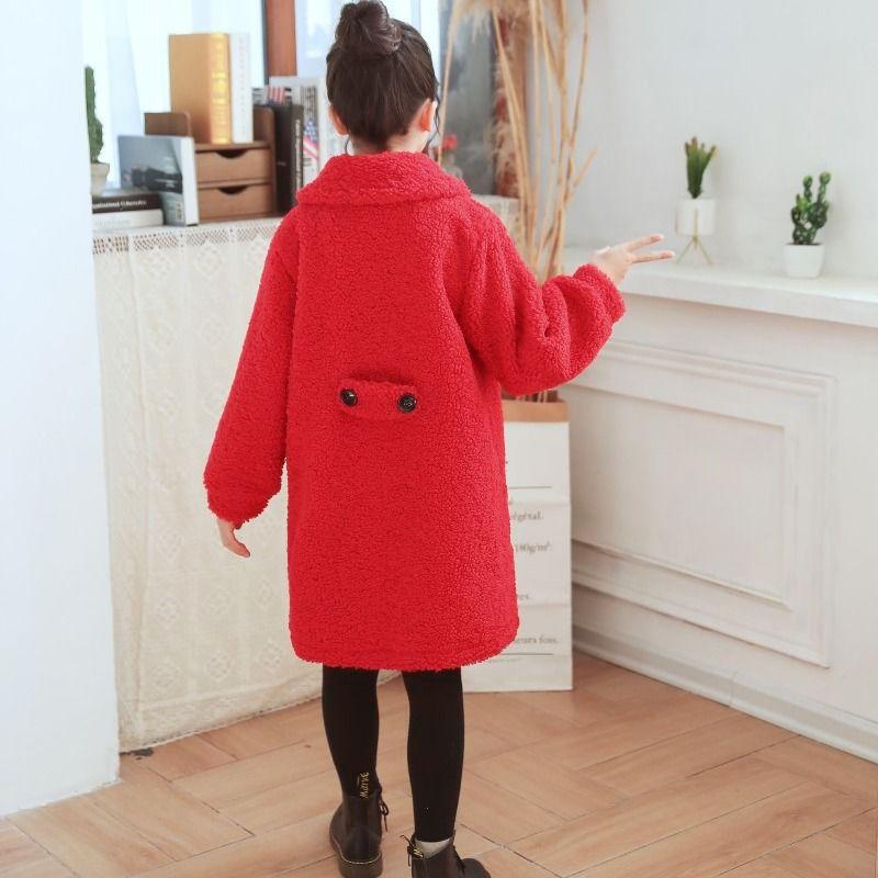 Festive Christmas Clothes Girls Thick Woolen Coat Double-breasted Mid-length Woolen Autumn and Winter Coat