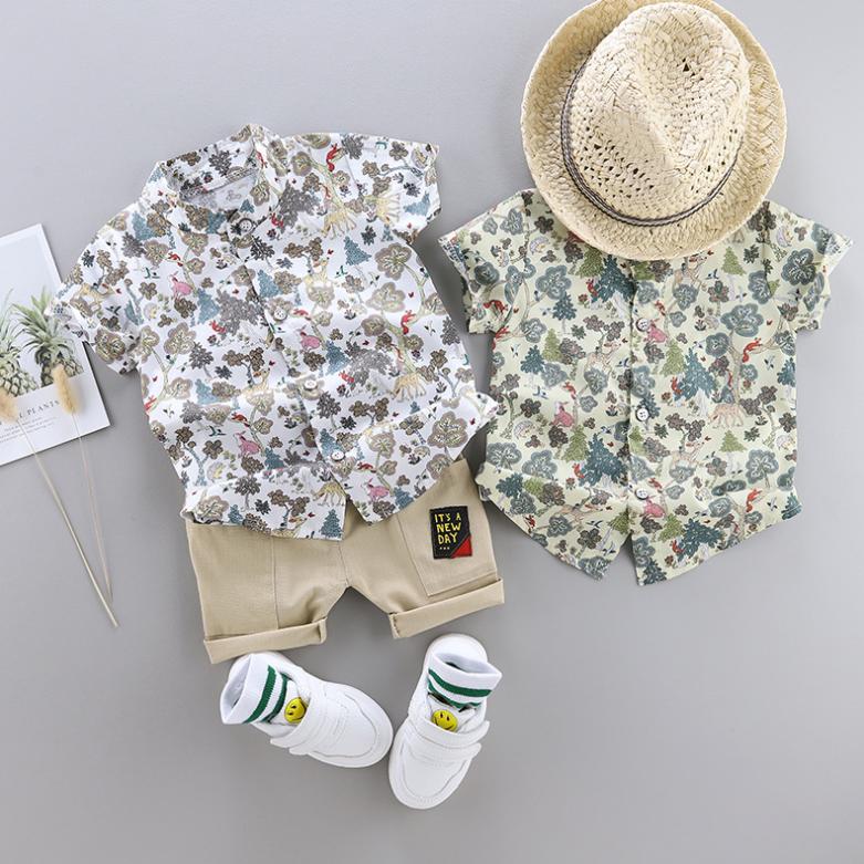 Children's Clothing Boys' Middle and Small Children's Set 1-4 Year Old Baby Stand Collar Leaf Animal Shirt Shorts Suit