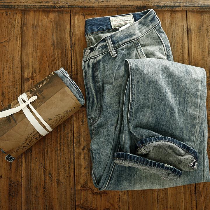 Washed Retro Jeans Men's Slim and Worn Straight Trousers Overalls