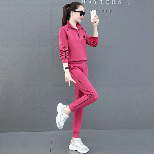 Sports and Leisure Suit Women Loose Stand-up Collar Sweater Running Clothes Two-piece Long-sleeved Trousers Sweat-absorbent and Breathable