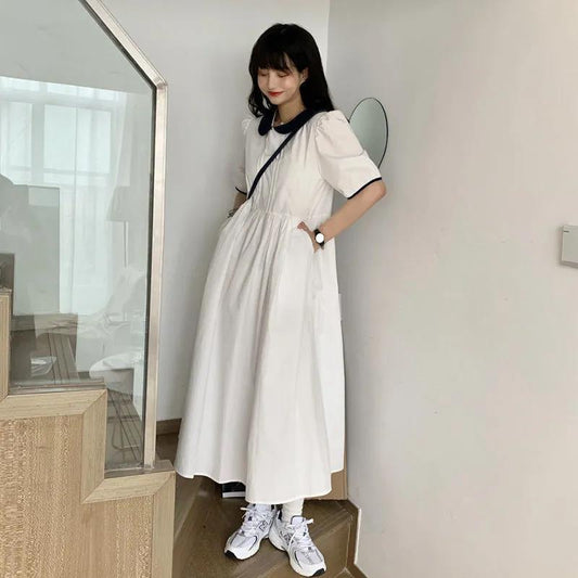 Female Vintage High Waist Super Fairy Holiday Dress Elegant Slim Solid Color Pleated Dress