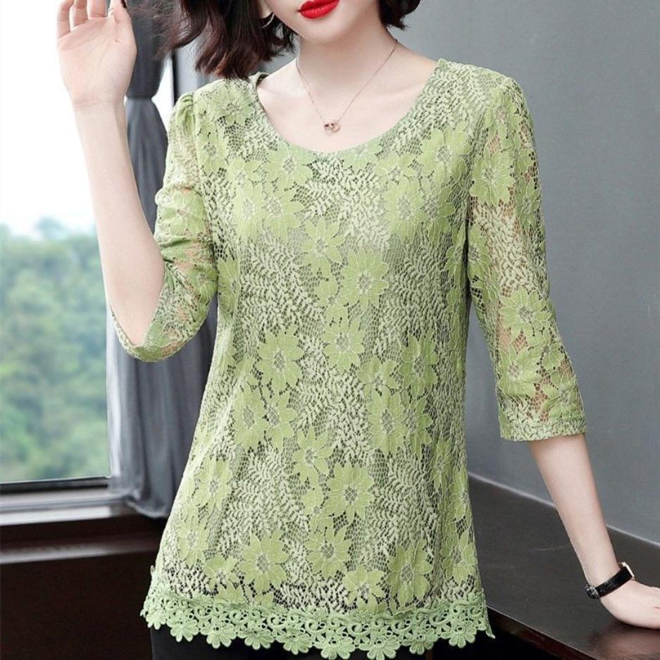 Women's Lace Shirt Top Seven Sleeve Summer Clothes Hollow Out Large Medium and Long Lace