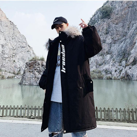 Winter Fur Collar Warm Men's Cotton Coat Large Size Loose Mid-length Parka Coat Hooded Over-the-knee Coat Thick Coat