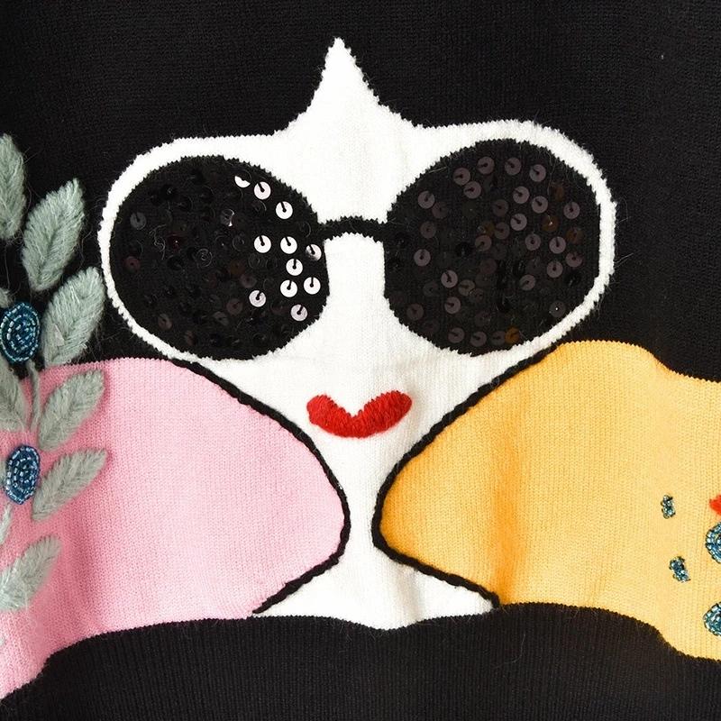 Autumn Winter New Contrast Striped Sleeve Embroidery Leaves Beaded Sequins Sunglasses Girls Knit Sweater