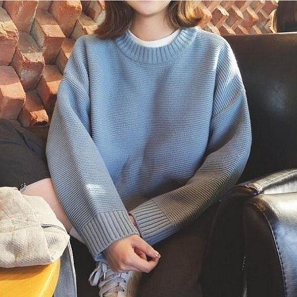 Autumn and Winter College Style Coat Solid Color Loose Top Knitted Long-sleeved Female Student Bottoming Shirt