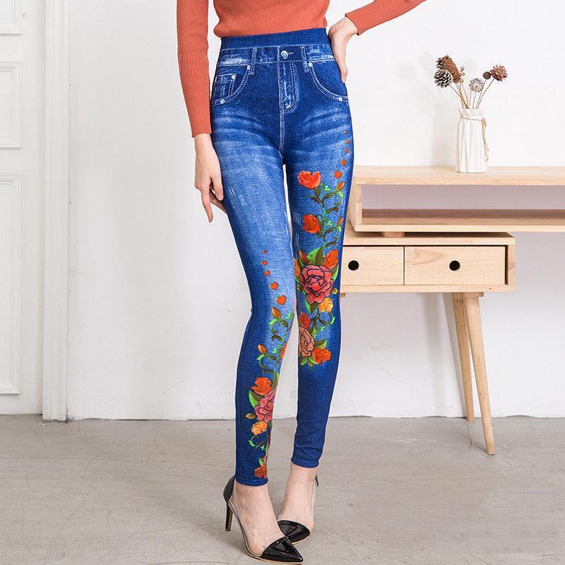 Colorful Floral Sexy Womens Skinny Blue Jean Denim Leggings Stretchy Jeggings Pants