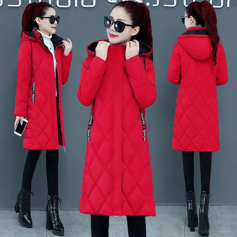 Loose Argyle Hooded Parkas Women Fashion Solid Thick Long Coats Women Elegant Cotton Jackets Female Ladies Winter Jacket