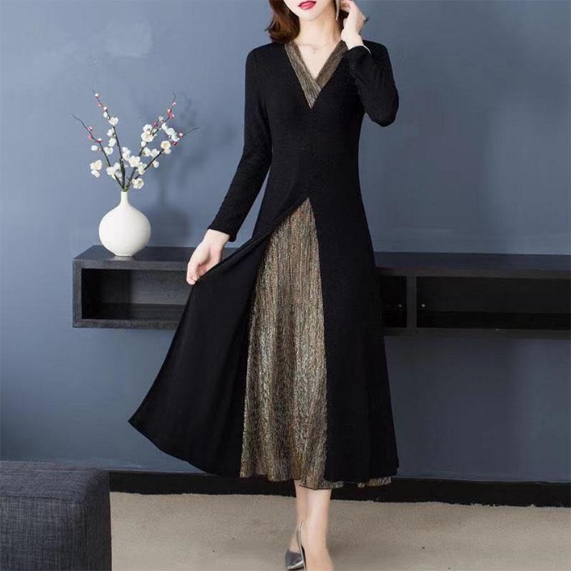 Temperament High-end Fake Two-piece Slim Waist Slim Plus Size Dress Cheongsam Long-sleeved Split Long Skirt Sequins