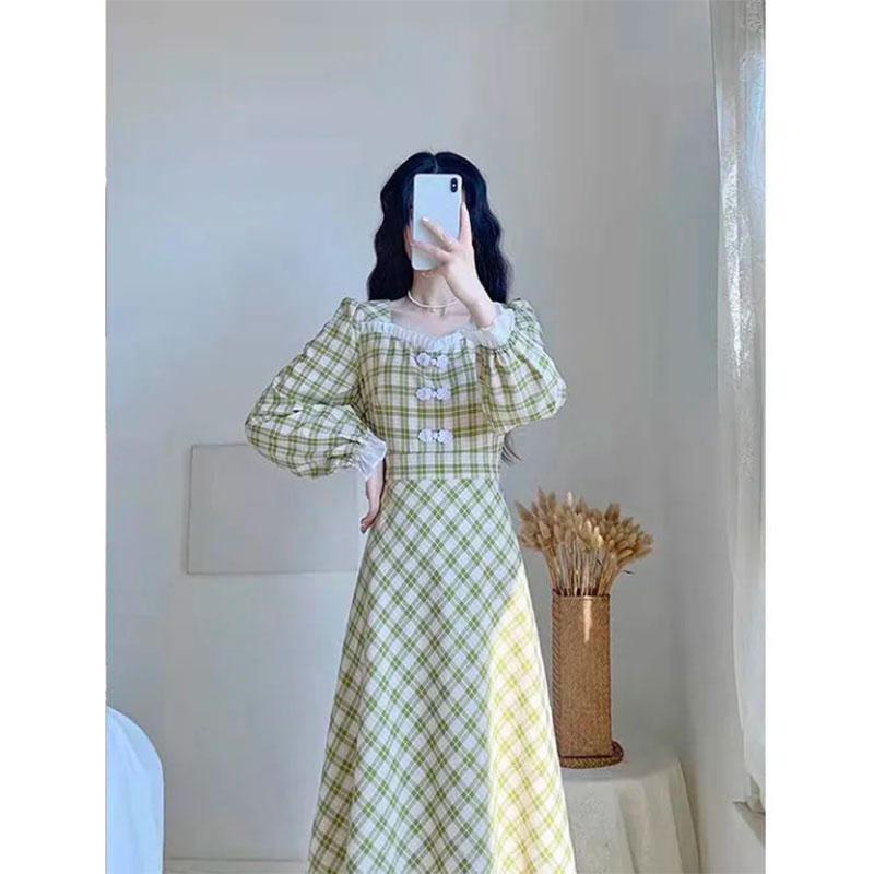 Mint Green Plaid Skirt Skirt Waist Slim French Retro Gentle Fairy Temperament Age-reducing Dress
