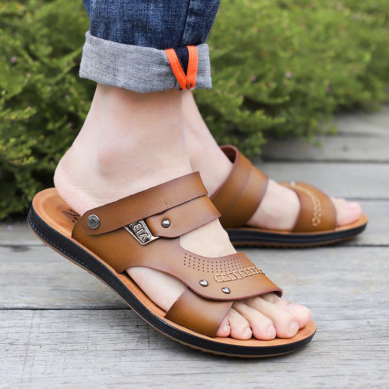 Wearable Leather Sandals Summer Men's Slippers Non-slip Driving Beach Shoes Herringbone Sandals Men