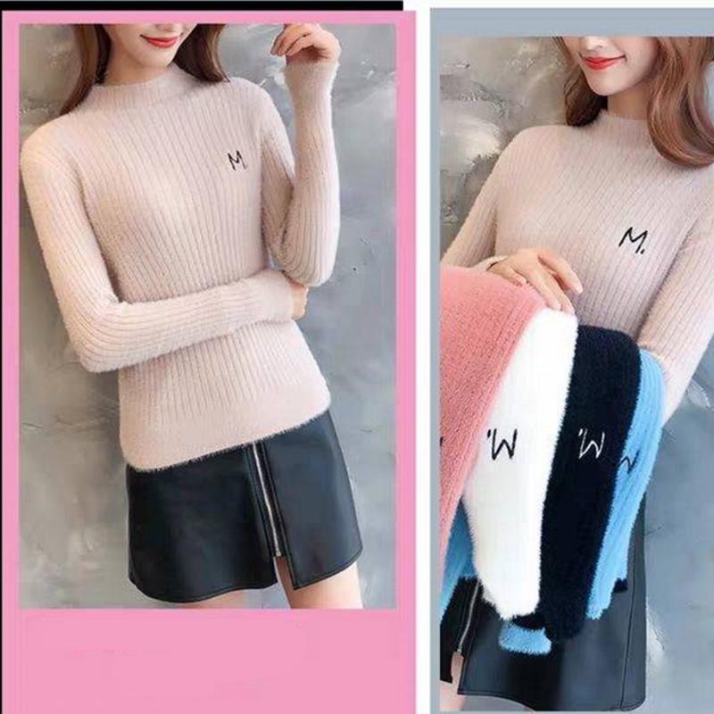 Pofulove waterproof mink half turtleneck sweater women long-sleeved winter fit bottoming shirt women