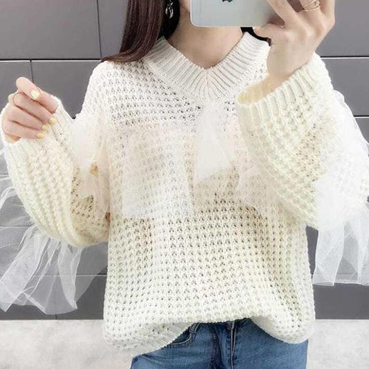 Hollow Lace Stitching Sweater Autumn and Winter Fashion Bottoming Shirt Solid Color Long-sleeved V-neck Sweater Casual All-match Top