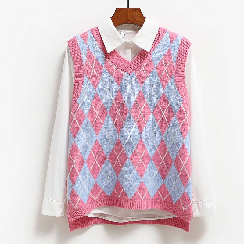College Style Loose Vest All-match Diamond Check Sweater Splicing Color Sleeveless Fashion Sweater