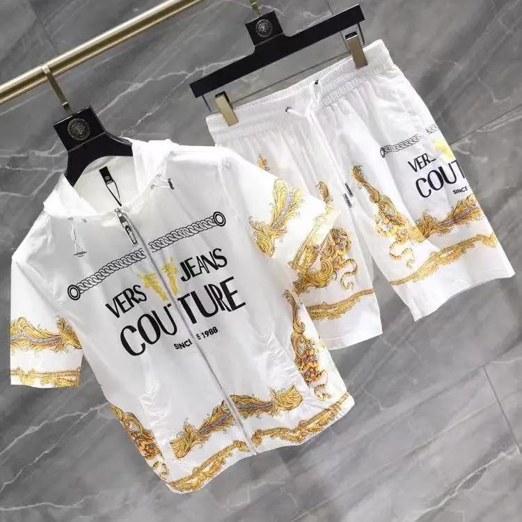 Summer European Thin Section Quick-drying Totem Light Luxury Printed Hooded Zipper Cardigan Shorts Suit Tide