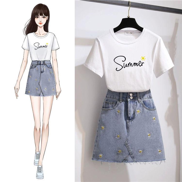 Pofulove 2 Piece Skirt Set Summer Women Short Sleeve Printed T-shirt High Waist Embroidery A-line Denim Skirt Two-piece Set
