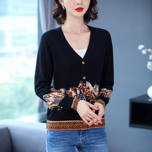 Autumn/Winter Women's Knitted Sweater V-neck Printed Jacket Short XL Cardigan Wool Sweater Jacket