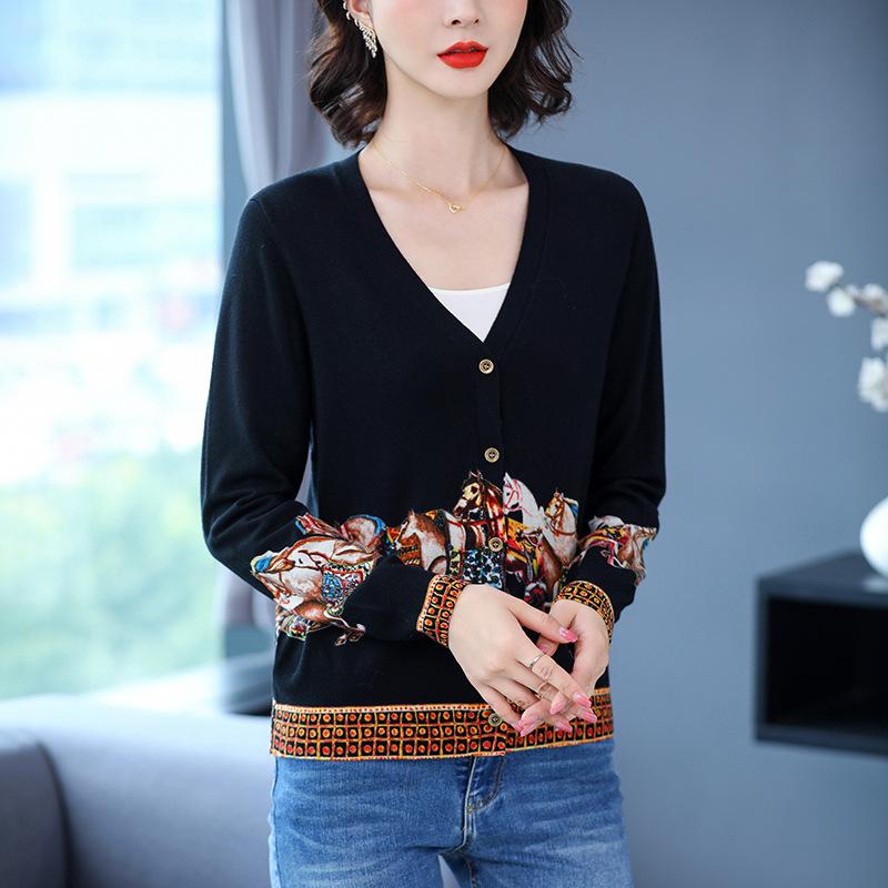 Autumn/Winter Women's Knitted Sweater V-neck Printed Jacket Short XL Cardigan Wool Sweater Jacket