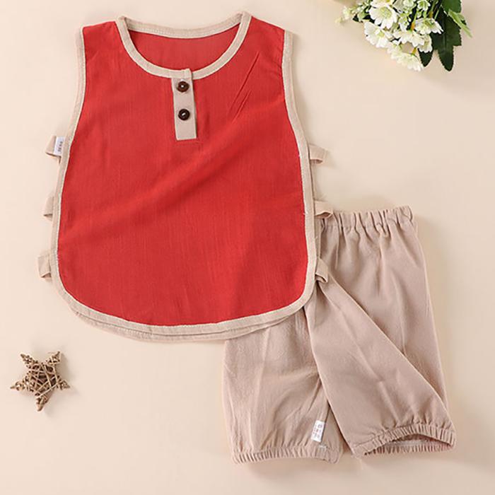 Children's Suit Summer Thin Boys and Girls Baby Breathable Stitching Button Sleeveless Shorts Two Piece Set Casual Wear